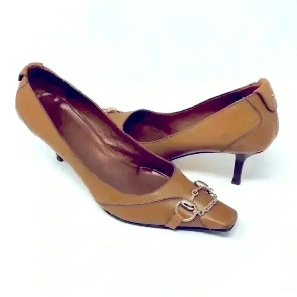 Gucci Brown Leather Gold Horsebit Chain Pointed Toe Kitten Heel Pumps Size 10 - Picture 1 of 15